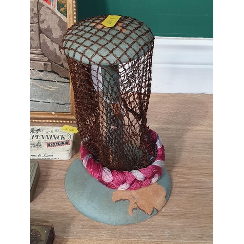 490 - A Wig Stand, various Advertising Tins, a silk Egg A/F and a tapestry Panel (R5)