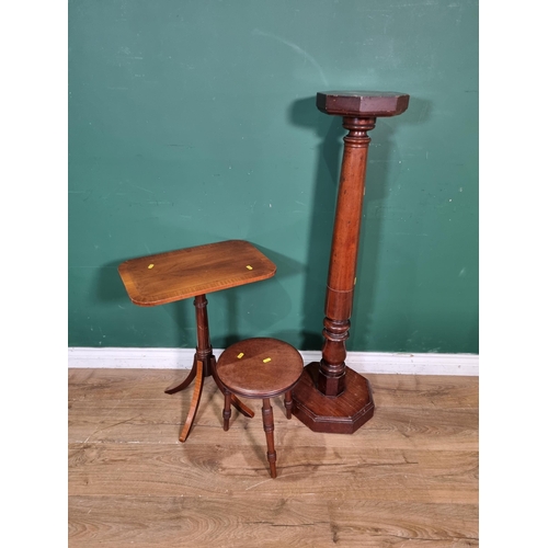 501 - A mahogany Jardiniere Stand on octagonal base 3ft 8in H, a mahogany Pillar Table and a Milking Stool... 