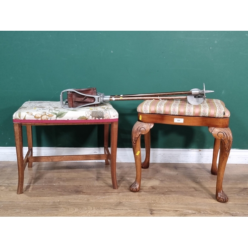 525 - A walnut Dressing Stool on carved cabriole supports, another Dressing Stool and two Shooting Sticks ... 