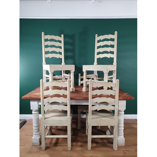 607 - A hardwood Farmhouse Table on green painted base 5ft 5in L x 2ft 7in H and a set of six ladderback C... 