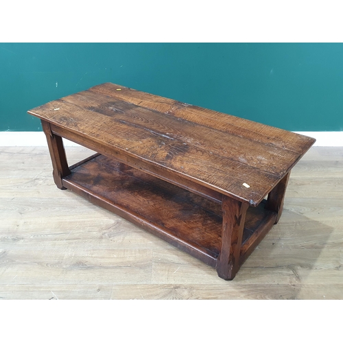 617 - An oak Coffee Table on chamfered supports 4ft W x 1ft 6in H and a Stool with cane top (R7)