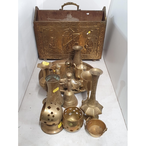 620 - A selection of Brassware including a Chinese bronze/brass Mirror, Magazine Stand, Plates, Vases, Gob... 