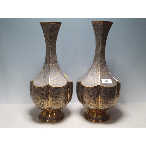 626 - A pair of Islamic brass and inlaid hexagonal Vases with engraved trailing leafage design 1ft 4in H (... 