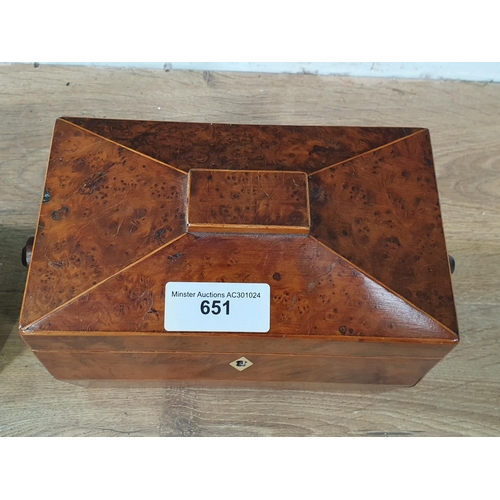 651 - A 19th Century burr walnut two division Tea Caddy 8in W x 5 1/2in H and a Georgian mahogany two divi... 