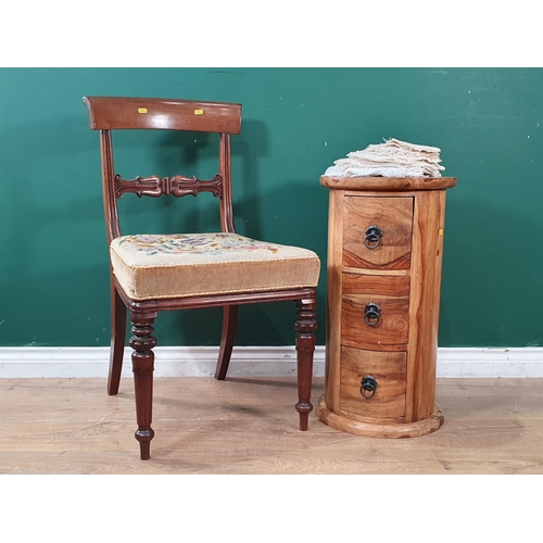 657 - A modern hardwood circular Bedside Chest and a mahogany bar-back Dining Chair (R8)