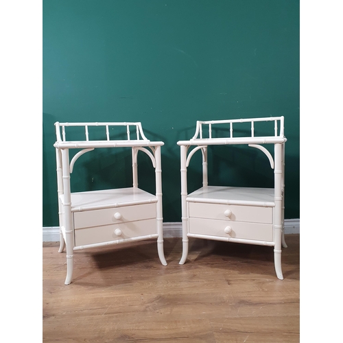 664 - A pair of white painted bamboo effect Bedside Stands with raised gallery backs fitted two drawers an... 