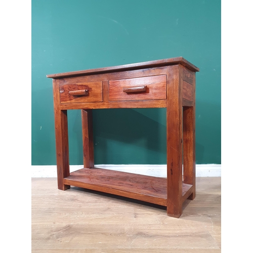 665 - A hardwood Side Table fitted two frieze drawers 2ft 11in W x 2ft 7in H (R8)