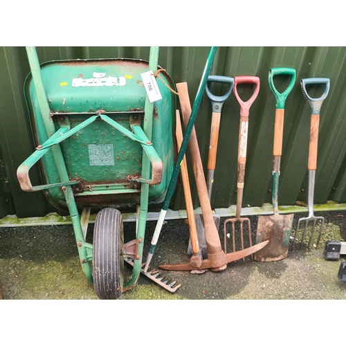 706 - A Wheelbarrow, a Rake, a Sledgehammer, a Pickaxe, two Spades and two Forks