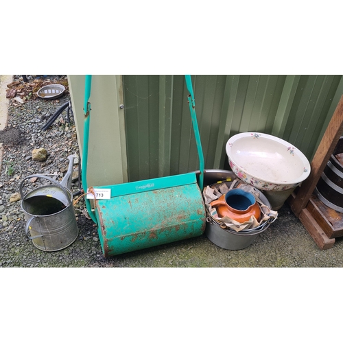 713 - A Garden Roller, a galvanised  Watering Can and Bucket, a Jam Pan, a Jug and a Bowl