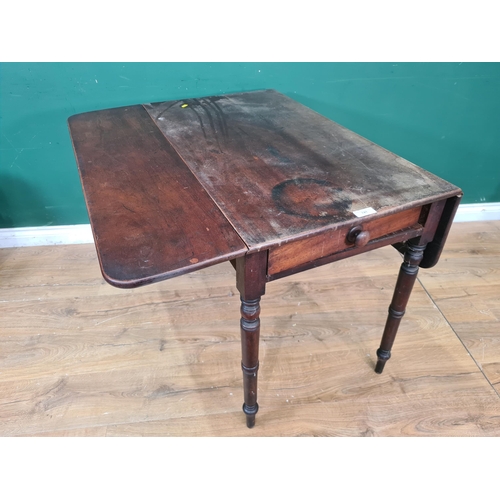 741 - A mahogany Pembroke Table with single fitted drawer, raised on turned and tapered supports, A/F, 2ft... 