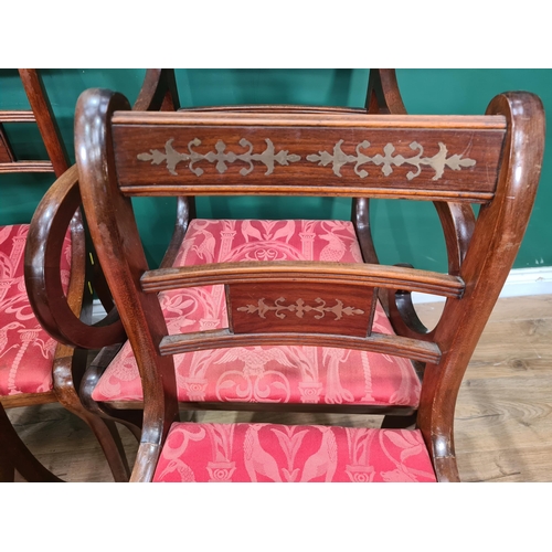 742 - A set of Six mahogany framed Bar Back Dining Chairs with brass inlaid decoration, with red upholster... 