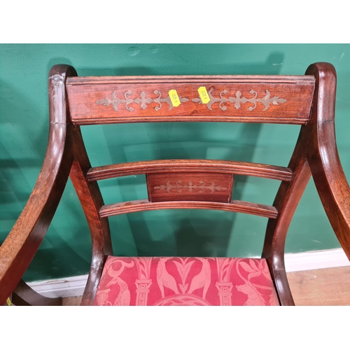 742 - A set of Six mahogany framed Bar Back Dining Chairs with brass inlaid decoration, with red upholster... 