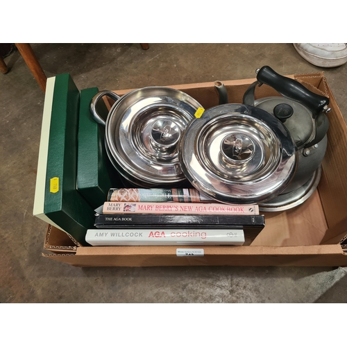 743 - Two Aga Saucepans, a Kettle, a Colander, various Cooking Books, etc. (R8)