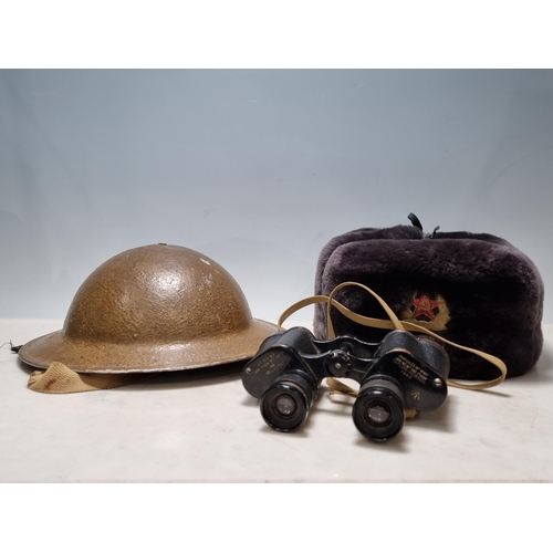 746 - A British Tin Helmet, a Russian Fur Hat and a pair of Taylor-Hobson No.2 Mk.III Binoculars (R9)