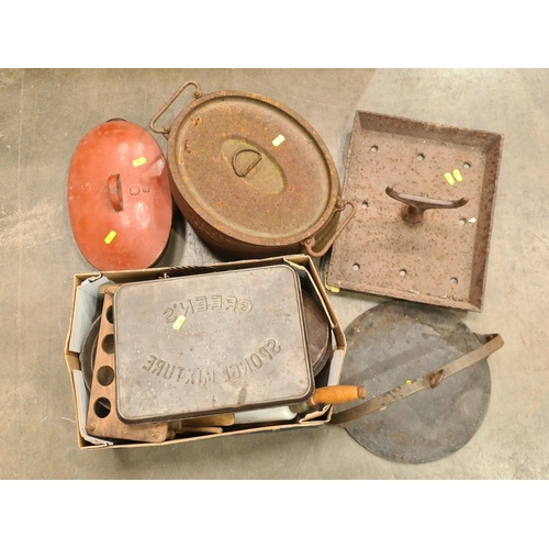 756 - A 'Holcroft' cast iron Cooking Pot, another Casserole Dish, a cast iron Boot Scrape and a box of Kit... 