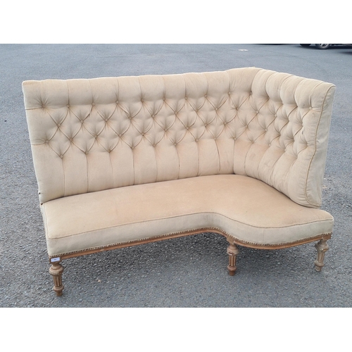 761 - A cream button upholstered 2-piece French style corner Settee, raised on turned decorative supports,... 