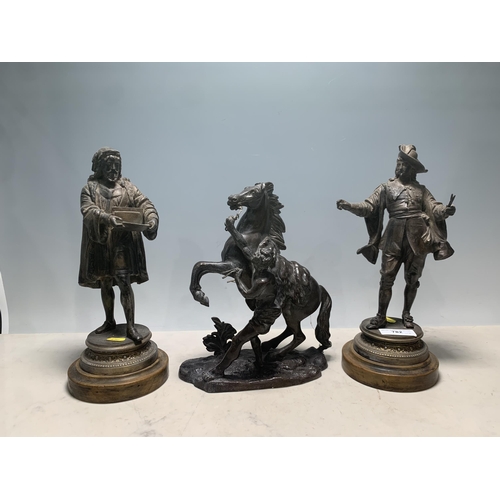 782 - Three spelter Figures, a Cavalier 13in, a Scholar 13in and a Marley Horse and Figure 11in H (R5)