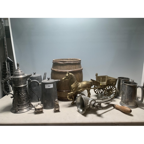 793 - A brass Horse and Trap, a Mincer, a small wooden Barrel, two Tankards, three Jugs and two Condiments... 