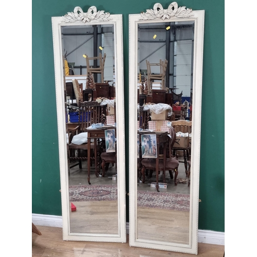 816 - A pair of cream painted full length Wall Mirrors with ribbon and leafage surmount 5ft 10in H x 1ft 8... 