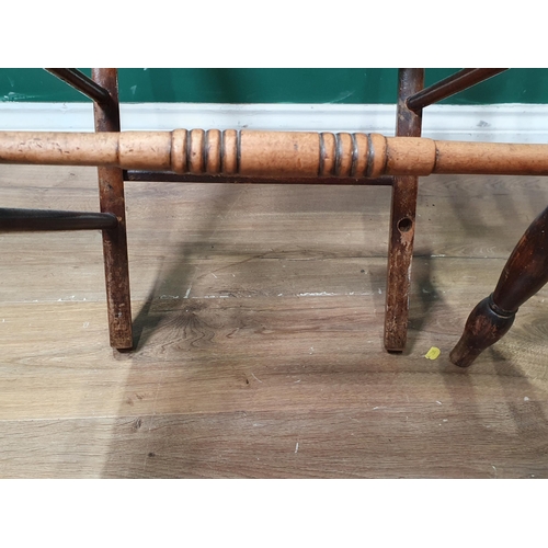 822 - An antique ash and elm lathe back Kitchen Chair and a bar-back Chair on ring turned supports (R10)