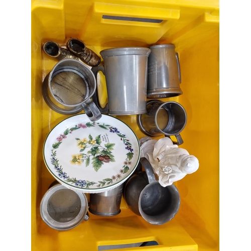 825 - A box of pewter Tankards, a Chien de Blanc Figure and a Dish (R9)