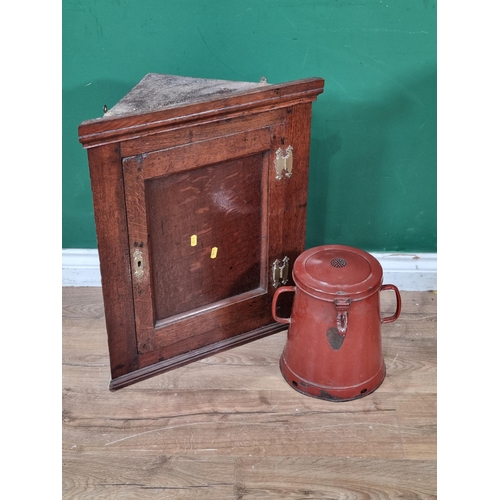 827 - A small antique oak hanging Corner Cupboard 2ft H x 1ft 8in W and an enamel lidded Container 10in H ... 