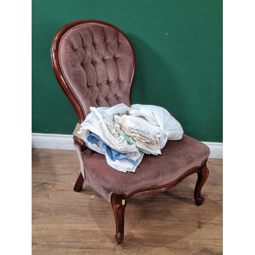 843 - A Victorian mahogany framed spoon back Chair with brown button upholstery (R9)