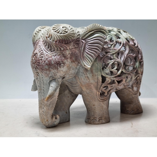 863 - Two carved soap stone Puzzle Elephants, A/F, 7