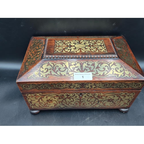 1 - A William IV rosewood Work Box of sarcophagus shape with ornate brass inlay, yellow interior with li... 