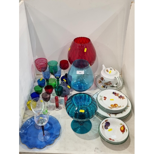 311 - A small quantity of Royal Worcester Evesham Dinnerware, and a collection of coloured glass to includ... 