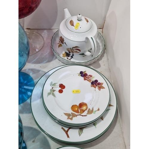 311 - A small quantity of Royal Worcester Evesham Dinnerware, and a collection of coloured glass to includ... 