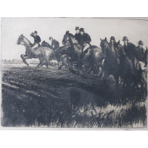 687 - ENGLISH SCHOOL CIRCA 1910. Mounted riders on a hunting Field, etching, indistinctly signed in lower ... 