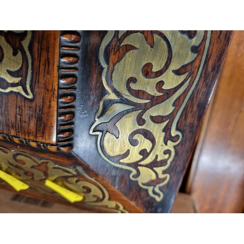 1 - A William IV rosewood Work Box of sarcophagus shape with ornate brass inlay, yellow interior with li... 