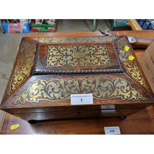 1 - A William IV rosewood Work Box of sarcophagus shape with ornate brass inlay, yellow interior with li... 