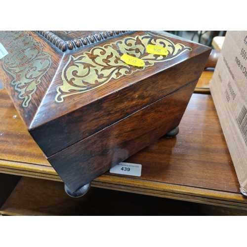 1 - A William IV rosewood Work Box of sarcophagus shape with ornate brass inlay, yellow interior with li... 