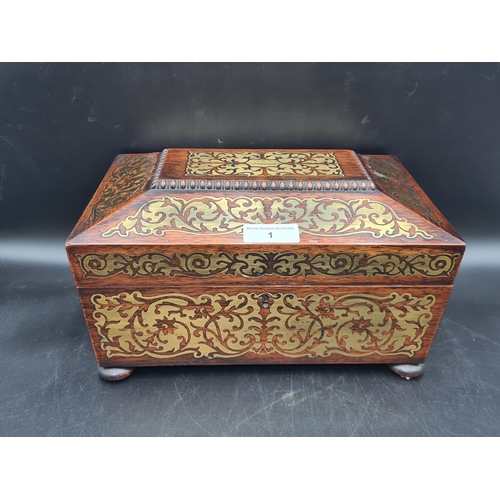 1 - A William IV rosewood Work Box of sarcophagus shape with ornate brass inlay, yellow interior with li... 