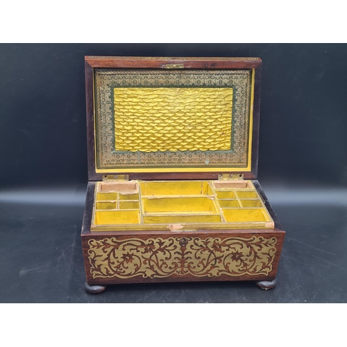 1 - A William IV rosewood Work Box of sarcophagus shape with ornate brass inlay, yellow interior with li... 