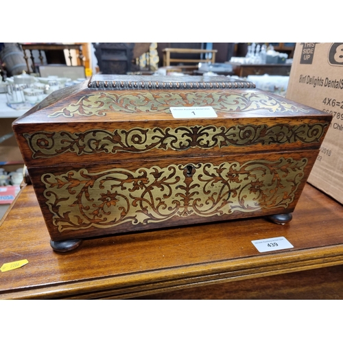 1 - A William IV rosewood Work Box of sarcophagus shape with ornate brass inlay, yellow interior with li... 