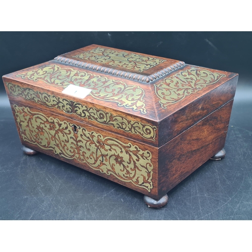 1 - A William IV rosewood Work Box of sarcophagus shape with ornate brass inlay, yellow interior with li... 