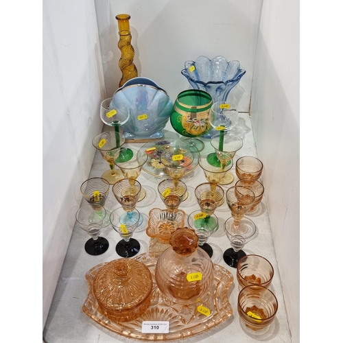 310 - A collection of coloured Glassware including, a French spiral design Bottle, an orange glass Tray Se... 