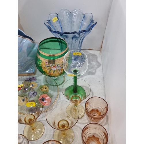 310 - A collection of coloured Glassware including, a French spiral design Bottle, an orange glass Tray Se... 