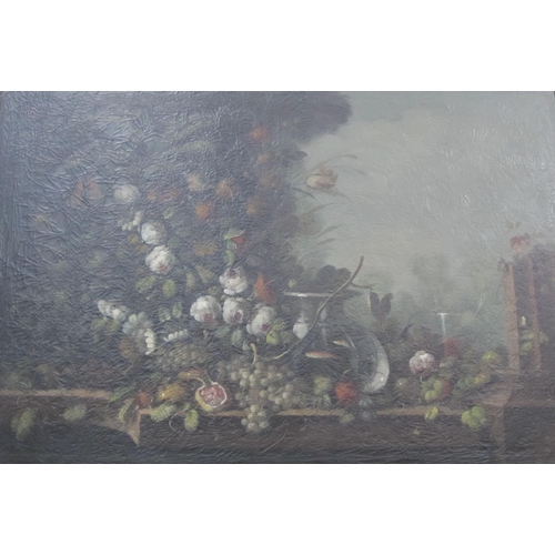 351 - CONTINENTAL SCHOOL. A Still Life of Flowers and Grapes on a Ledge, a landscape beyond, oil on canvas... 