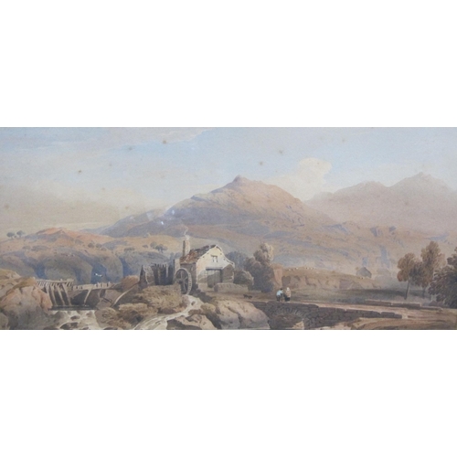 352 - JOHN VARLEY. ARWS.  A river Landscape with watermill, Snowdonia, watercolour, 8 1/2 x 18 in (R3)