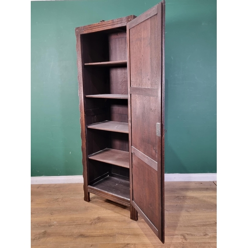 36 - An oak Cupboard with panelled single door enclosing shelves, 7ft 1in H x 2ft 3in W, (R7)