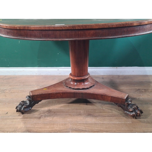 443 - A rosewood Breakfast Table raised on single pedestal and triform base, with paw feet and castors, 29... 