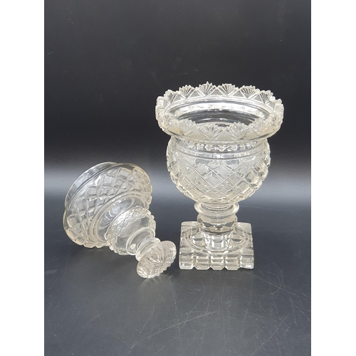 51 - A Regency style cut glass Sweet jar and Cover with hobnail and fan design, on a square base. (R1)