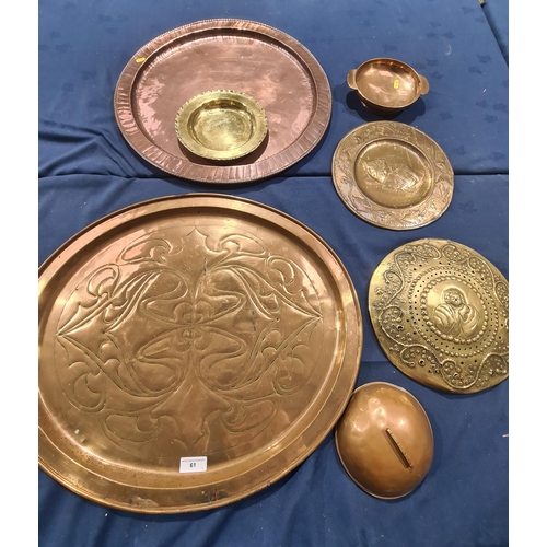 61 - A large copper circular Tray, 22in, marked H over W, a small Dish with same mark, an Art Nouveau ova... 