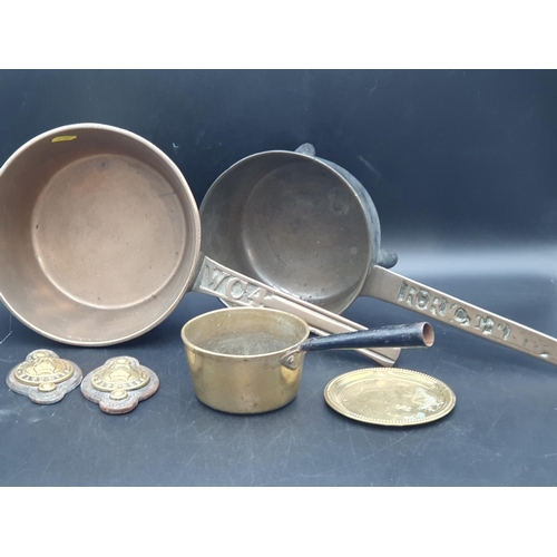 64 - Two antique bronze Skillets, two Peninsular Waterloo Bosses, small brass Saucepan and Tray. (R3)