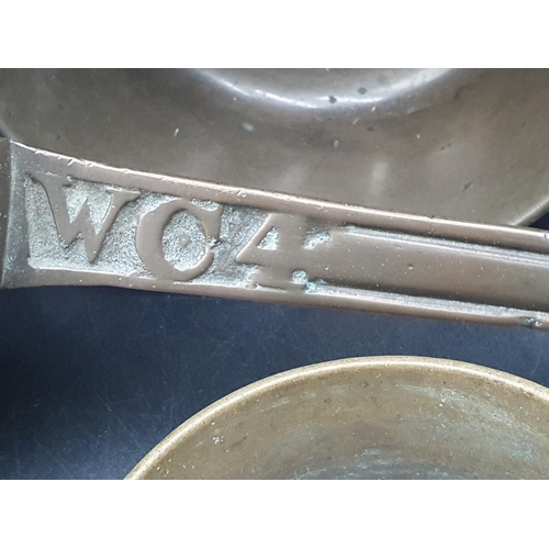 64 - Two antique bronze Skillets, two Peninsular Waterloo Bosses, small brass Saucepan and Tray. (R3)