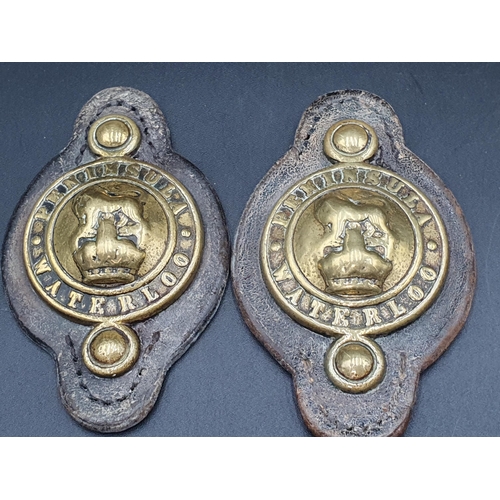 64 - Two antique bronze Skillets, two Peninsular Waterloo Bosses, small brass Saucepan and Tray. (R3)